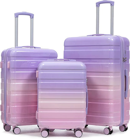 Campfun 3 Piece Luggage Sets, PC Gradient Color Suitcase Set with Double Spinner Wheels, Durable Carry On Luggage with Combination Lock, 20/24/28 inch, Purple+Pink