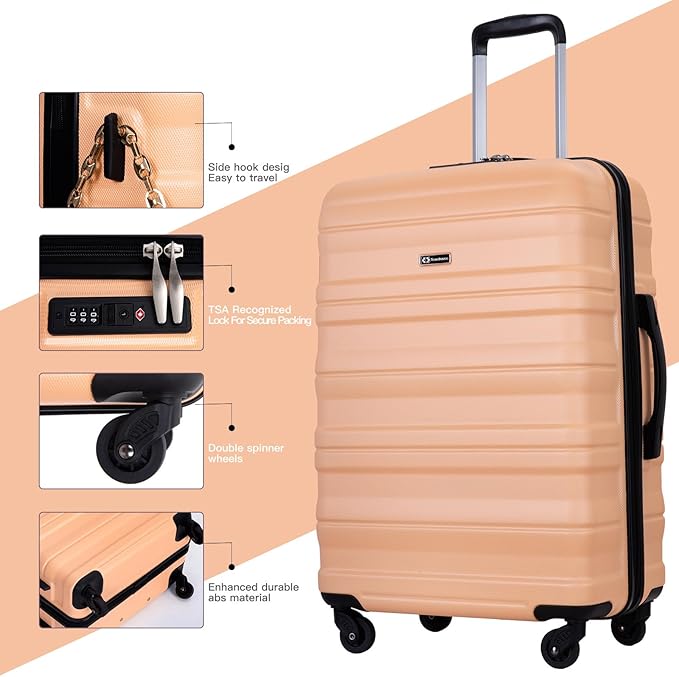 Travelhouse Luggage Sets, Expandable Hardside Suitcases 24in/28in, Carry on 20in,3 Piece Set Travel Luggages Clearance with Double Spinner Wheels TSA Lock Lightweight (Peach-66)