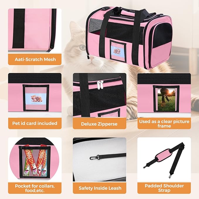 Cat Carrier Soft for Pets Up to 15 Lbs, Cat Travel Bag with Padded Shoulder Strap and Detachable Cat Food Bowl, Pet Dog Carriers for Small Dogs Travel Puppy Carry Airline Approved, Pink