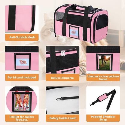 Cat Carrier Soft for Pets Up to 15 Lbs, Cat Travel Bag with Padded Shoulder Strap and Detachable Cat Food Bowl, Pet Dog Carriers for Small Dogs Travel Puppy Carry Airline Approved, Pink