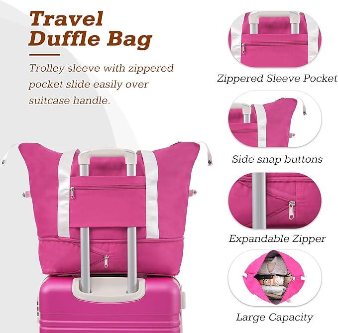 Merax Luggage Set,28 IN Hardside Suitcase with Duffel Bags,3 Piece Expandable Luggage with Spinner Wheels, Vintage Luggage with TSA Lock Lightweight,(Pink)