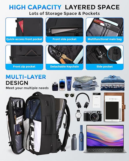 Travel Backpack for Men, Flight Approved Carry On Luggage Backpack with USB Port, Water Resistant Expandable Computer Daypack, 17.3 Inch Black Business Laptop Backpack for College/Work