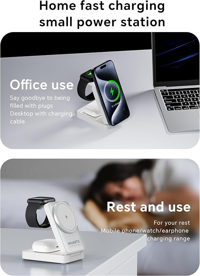 2025 Upgraded 3-in-1 Wireless Charger for iPhone,Travel Magnetic Charger Stand Nightlight Foldable Wireless Charging Station Compatible with Magsafe Charger&iPhone 17/16/15/14/13,Apple Watch&AirPods