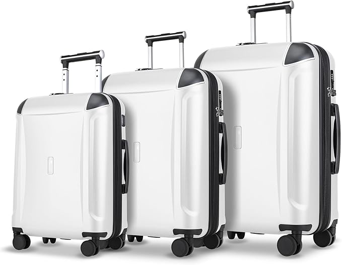 Luggage Sets 3 Piece with Cup Holder & USB Port, Expandable PC Hardside Durable Suitcases with Spinner Wheels & TSA Lock, 20/24/28 Inch, White