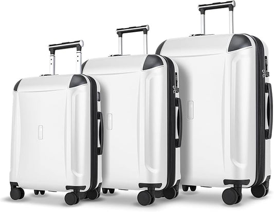 Luggage Sets 3 Piece with Cup Holder & USB Port, Expandable PC Hardside Durable Suitcases with Spinner Wheels & TSA Lock, 20/24/28 Inch, White