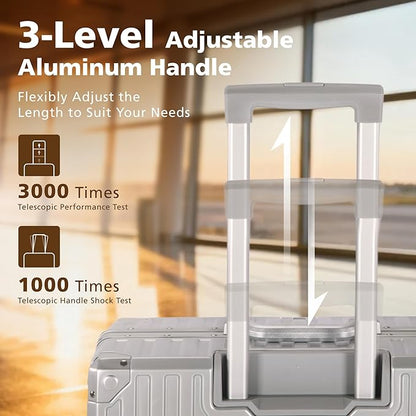 20-Inch Carry On Luggage with Thickened Aluminum Frame,PC Hardshell Zipperless Suitcase with Spinner Wheels, TSA Lock,USB Charging Port,Light Gray
