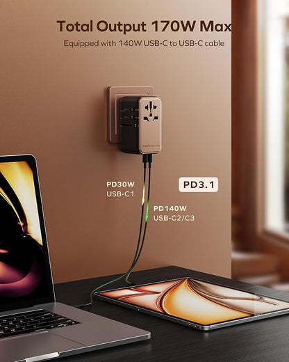 MOMAX Universal Travel Adapter, 170W GaN International Power Adapter, 3 USB-C 1 USB-A, Worldwide Travel Plug Adapter, International Power Adapter for Most Europe, USA, Japan, Australia (Type C/A/G/I)