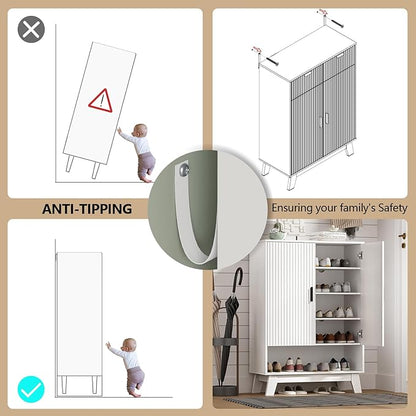 Shoe Cabinet Storage for Entryway with Doors, 5 Tier Fluted Shoe Organizer with Adjustable Shelves, Entryway Shoe Storage with Wooden Legs, Freestanding Hidden Shoe Rack for Front Door Entrance, White