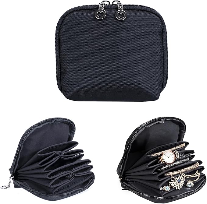 Jewelry Travel Organizer Bag -Waterproof Portable Small Jewelry Storage Ring Binder Rolls Zipper Pouch Bag for Accessory Necklaces/ Earrings/Rings/ Bracelets During Journey/Holiday or At Home-Black