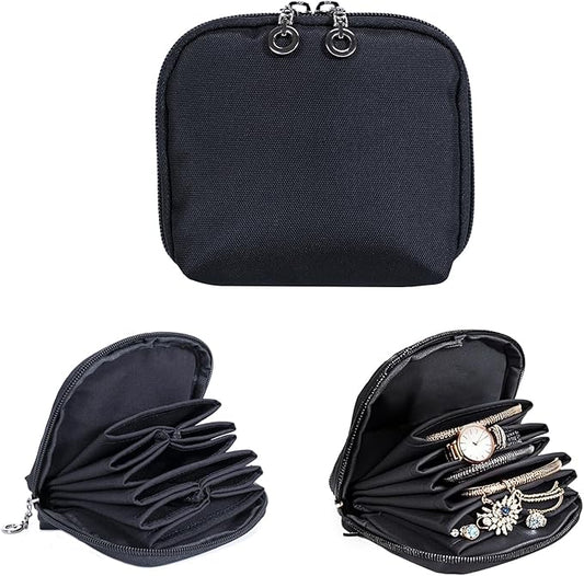 Jewelry Travel Organizer Bag -Waterproof Portable Small Jewelry Storage Ring Binder Rolls Zipper Pouch Bag for Accessory Necklaces/ Earrings/Rings/ Bracelets During Journey/Holiday or At Home-Black