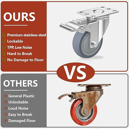 4 Inch Stainless Steel Caster Wheels with Brake, Heavy Duty 304 Casters Set of 4, Non-Marking TPR Quiet Wheels, 2300 lbs, Swivel for Furniture, Labs, Kitchens,Industrial with Hardware Kits