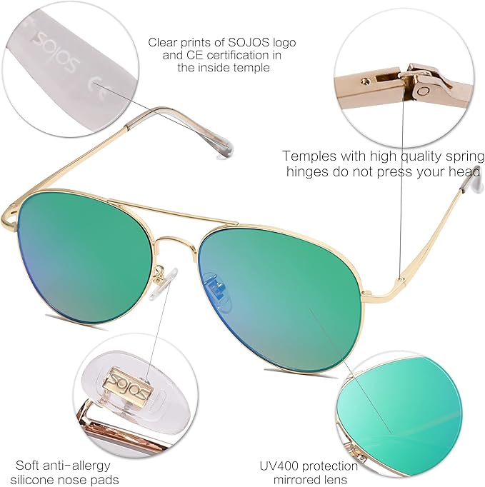 SOJOS Classic Aviator Sunglasses for Women Men Metal Frame Spring Hinges SJ1030