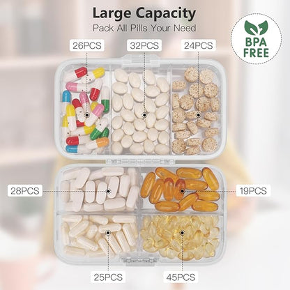 FYY Weekly Pill Organizer with Labels,8 Compartments Travel Daily Pill Case Airtight Moistureproof Large Pill Box to Hold Vitamins, Fish Oil, Supplements,Cotton Swab and Bandages-Clear