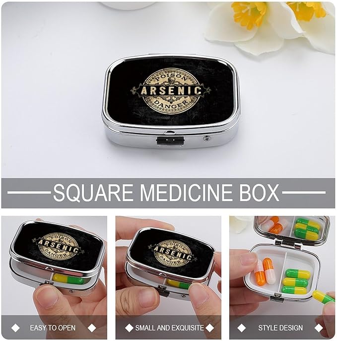 Metal 2 Compartment Pill Organizer Travel Friendly Portable Compact Pill Box Cute Pill Case,for Pocket Wallets Daily Portable Medicine Vitamin Tablet Storage (Arsenic)