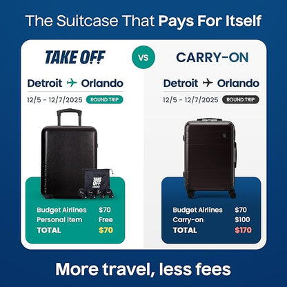 Take OFF Luggage Personal Item 3.0 – 18x14x8 Underseat Carry On with Removable Wheels – TSA Lock, Hardshell Suitcase – Fits Tight Airline Size Rules – No-Fee Lightweight Travel Bag