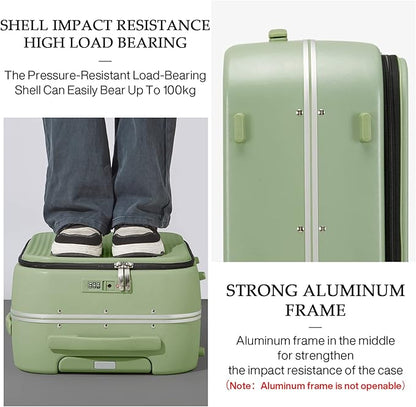 mixi Carry On Luggage, 20'' Suitcases with Spinner Wheels, Rolling Travel Suitcase with Front Laptop Pocket Luggage Aluminum Frame PC Hardside with TSA Lock and Cover, Avocado Green