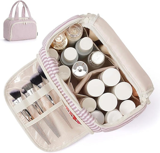 Narwey Large Travel Toiletry Bag, Wide-open Travel Bag for Toiletries, Toiletry Bags for Traveling Women, Cosmetic Make Up Makeup Bag Organizer with Wet Pocket, Shower Skincare Bag (Dusty Pink Stripe)