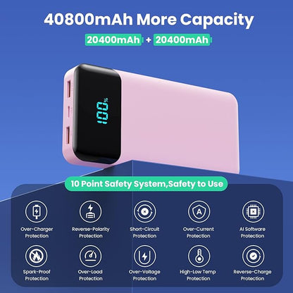 Portable Charger 40800mAh Power Bank with 3 Built-in Cables,PD 25W USB C in&Out Power Bank Fast Phone Charging,QC4.0 5 Output Travel Camping Essential Battery Pack for iPhone 17/16,Samsung etc-Peach