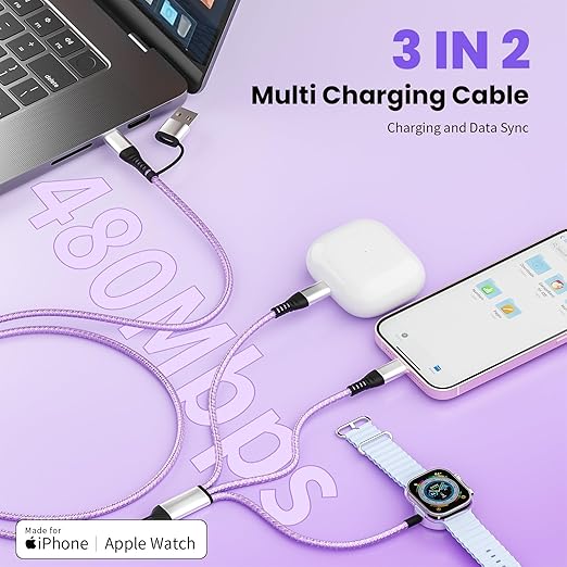 Christmas Gifts, Travel Charger for iPhone 17 and Apple Watch for Multiple Devices, Charging and Data Sync, 3 in 2 USB A/USB C Multi Charger with 3 Ports Compatible for Apple Watch/iPhone 17-6, 5 FT