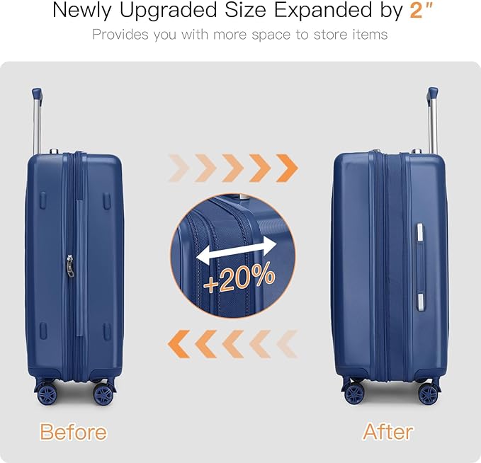 Kono Lightweight 24 Inch Expandable Luggage with Quiet Spinner Wheels TSA Lock, Scratch and Drop Resistant PC+ABS Hardside Durable Medium Checked Suitcase, Navy Blue
