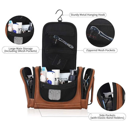 MIRASON Travel Toiletry Bag, Hanging Toiletry Bag for Men, Leather Travel Shower Bag for Toiletries Dopp Kit Bathroom Bag with Metal Hook, Gift for Men (Brown)