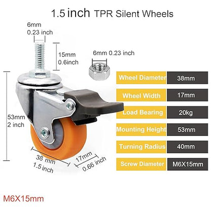 1.5" M6x15 Stem Casters Bolt Threaded Wheels,TPR Mute Rubber Swivel Single Caster Screws in Wheel Small with 2 Brake Locks-Orange