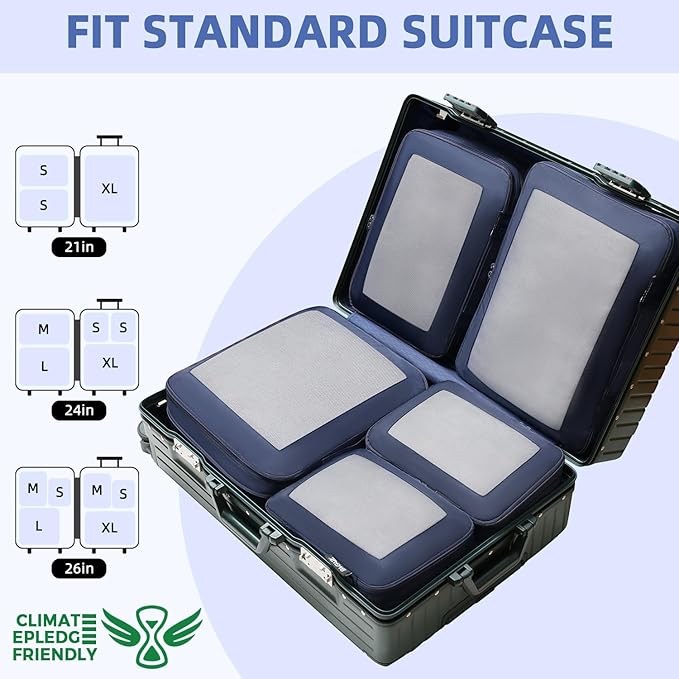 BAGAIL 4 Set/6 Set/8 Set Compression Packing Cubes Travel Accessories Expandable Packing Organizers (Square Mesh, 06-Navy)