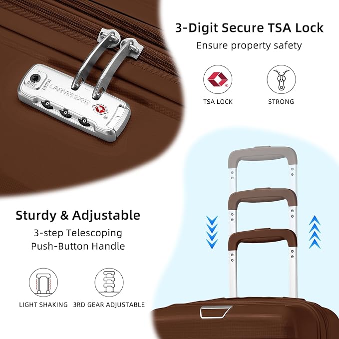 LARVENDER Luggage Sets 3 Piece, Hardside PP Carry On Suitcase with 360° Spinner Wheels TSA Lock Luggage Sets for Women, Maple
