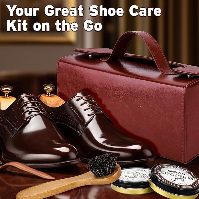 SelfTek Shoe Shine Kit - 15 PCS Shoe Polish Kit, Leather Boot Care Kit with Horsehair Brush and More with Portable Travel Case for Gentle Care Cleaning, Birthday Gifts for Men