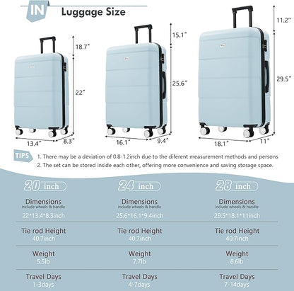 Merax Luggage Sets of 3 Piece Carry on Suitcase Airline Approved,Hardcase Suitcase Set with Double Spinner Wheels,Light Blue
