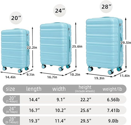 Campfun 3 Piece Luggage Sets, ABS Suitcase Set with Double Spinner Wheels Hang Hook, Durable Carry On Luggage with Combination Lock, 20/24/28 inch, Blue