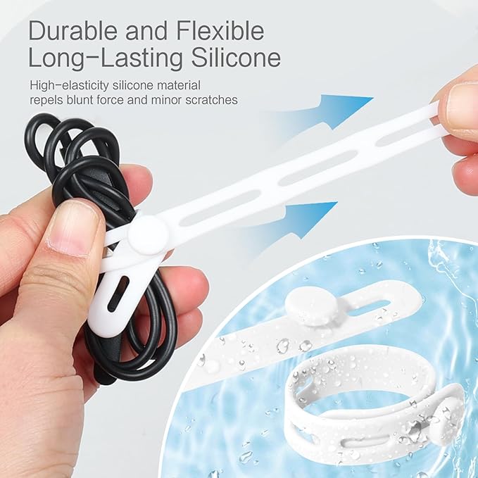 Donruby 24Pcs Silicone Cable Ties - Reusable & Washable with Locking Buckle Design, Adjustable Fastening Cable Straps, Multi-Purpose High Elasticity Cord Organizer (White)