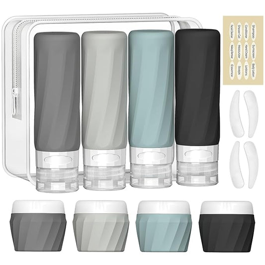 14pack Travel Bottles for Toiletries, TSA Approved Travel Size Toiletries Containers Set, Premium Silicone Leak Proof Refillable Squeezable & Creams jars Accessories Kit W/Clear Bag (Gray)