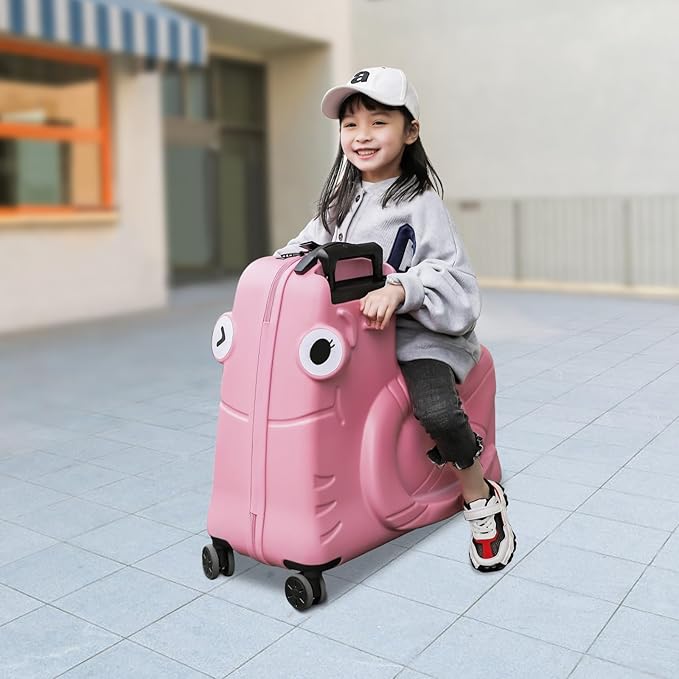 DNYSYSJ 20" Children's Ride On Luggage, Kid's Trolley Suitcase with Universal Wheels and Password Lock, Carry On Luggage Rolling Luggage, Aged 1-6 Years, ABS+PC (Pink, Snail Pattern)