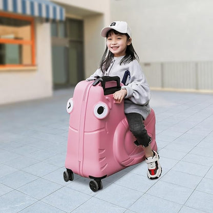 DNYSYSJ 20" Children's Ride On Luggage, Kid's Trolley Suitcase with Universal Wheels and Password Lock, Carry On Luggage Rolling Luggage, Aged 1-6 Years, ABS+PC (Pink, Snail Pattern)