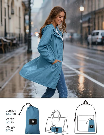 SaphiRose Women's Lightweight Long Rain Jacket Packable Raincoat Hooded Outdoor Trench Coats