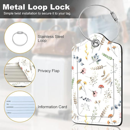 2Pack Luggage Tags for Suitcases, Cute Unique Pu Leather Cruise Luggage Tag with Privacy Cover ID Label Address Card and Metal Ring Suitable for Women Men Kids Travel Bag Floral and Plant Patternsn