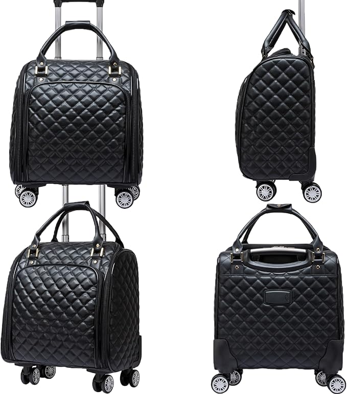 VH&GRED Luxury Carry on Luggage with Wheels Leather Suitcase 16-Inch Lightweight Travel Small Suitcase Diamond Stitching
