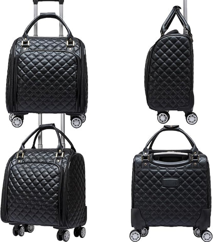 VH&GRED Luxury Carry on Luggage with Wheels Leather Suitcase 16-Inch Lightweight Travel Small Suitcase Diamond Stitching