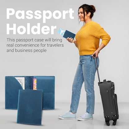 Leather Passport Holder with Travel Wallet, Genuine Leather Passport Cover- Passport Wallet, Leather Folding Wallet for Passports (Oval Cut, Blue)