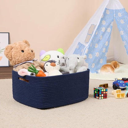 Large Storage Baskets for Shelves, Closet Organizers Bins for Clothes Blanket Towels, Baby Nursery, Toy Baskets Box, Woven Rope Baskets, 17 x 13 x 7.5”, 3 Packs Navy Blue