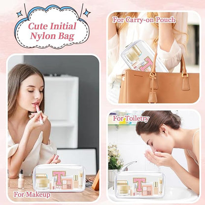 Small Clear Personalized Initial Makeup Bag, Preppy Nylon A-Z Chenille Letter Patch Makeup Organizer TSA Approved Travel Toiletry Bag,Waterproof Zip Beach Cosmetic Pouch Purse for Women(White-Pink T)