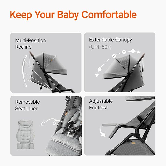 MAMAZING Lightweight Baby Travel Stroller with Carbon Fiber Frame, Compact & Airplane-Friendly, One-Handed Folding Design, 11.6 lbs, Perfect for Toddlers, Organizer & Cushion Included, Grey