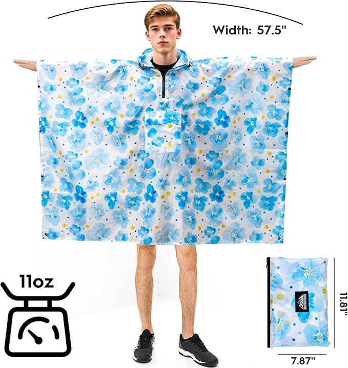 Bruvoalon 3-in-1 Rain Poncho with 1/4 Zip & Chest Pocket, Waterproof, Sunshade, Ground Mat for Adults & Youth Emergency