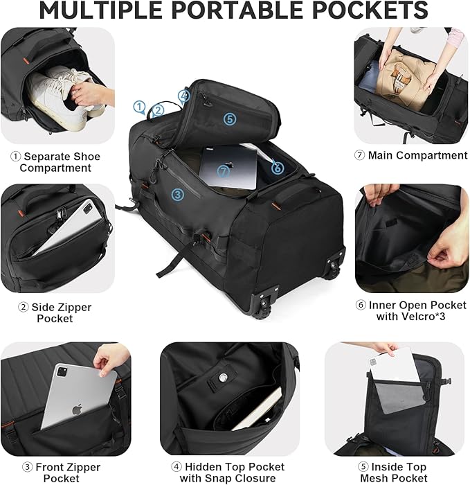 85L 29“ Foldable Rolling Backpack with Wheels, Soft-Side Travel Duffle Bag with Separate Shoe Compartment, Full Quilted Bottom, Black