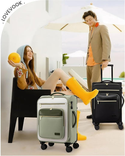 LOVEVOOK Carry on 22x14x9 Airline Approved,20 inch Lightweight Waterproof Suitcases with 360° silent swivel wheels, TSA Lock and Compartment, Large Capacity travel Suitcase Green-white