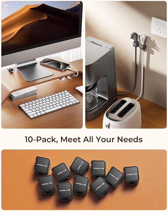 MRGLAS 10-Pack Magnetic Cable Management Cord Organizer,[1s Lock] Cable Holder Clips -Desk Cable Clips [Cable Smooth Adjustable], Adhesive Wire Organizer Keeper for Nightstand Desktop Car Office-Black