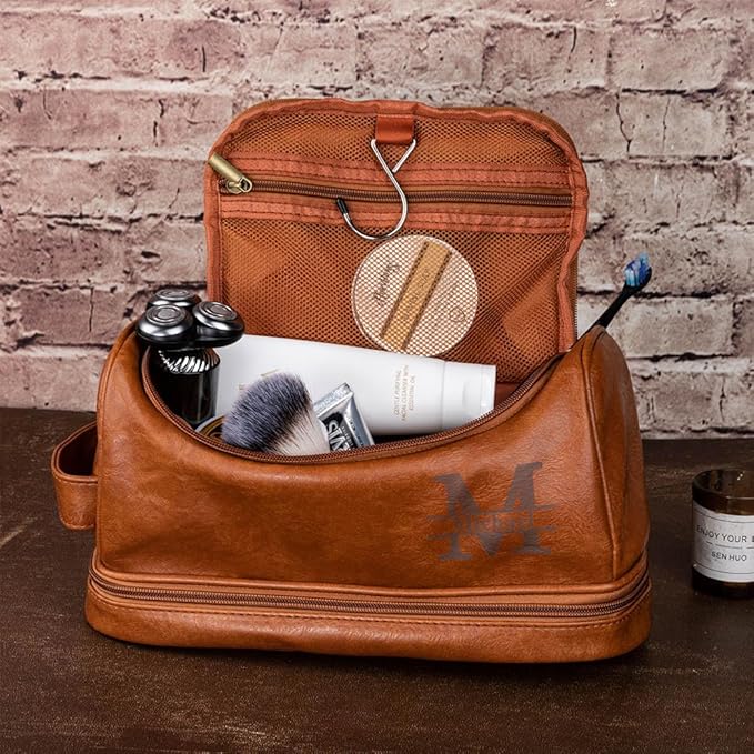 Custom Toiletries Travel Bag Leather Personalized Name Monogram Initial Toiletry Bag For Men Groomsmen Birthday Gifts For Dad Son Boyfriends Husband Size 11.4×4.9×6.5INCH