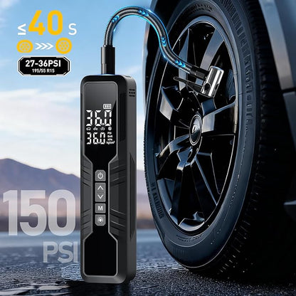 Tire Inflator Portable Air Compressor - 150PSI Cordless Air Pump for Car Tires, Portable Tire Inflator for Car, DC 12V Air Compressor with Pressure Gauge/LED Light for Auto/Bike/Motorcycle/Ball