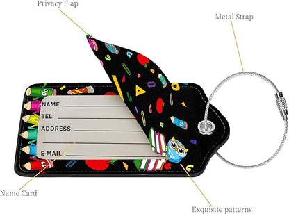 2 Pcs Luggage Tags for Suitcase, Cute Unique PU Leather Travel Bag Tag with Privacy Cover ID Label Address Card and Durable Metal Ring Suitable for Men Women Children Backpack,Dancing Pencils